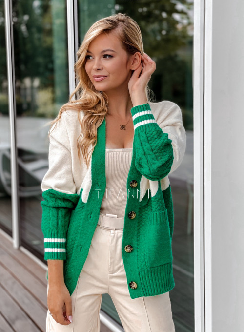 Sweter rozpinany Rawi biało-zielony