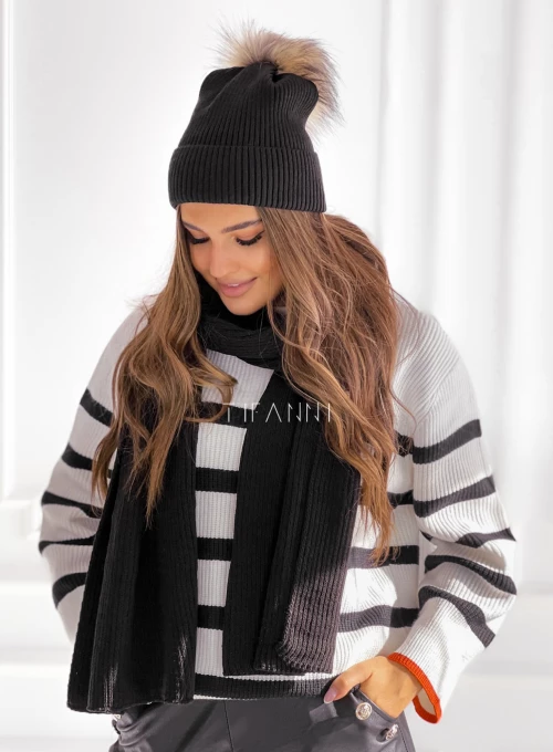 Komplet czapka z pomponem i szal Vivi czarny #uszytewpolsce 1