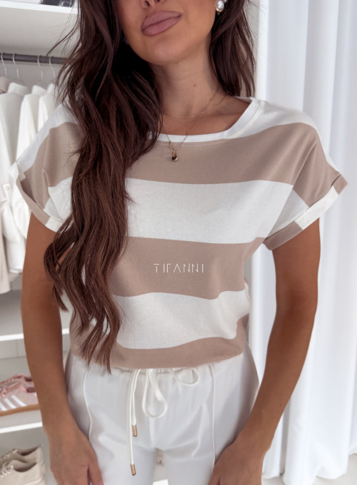 T-shirt bawełniany w biało beżowe pasy Lucas 1