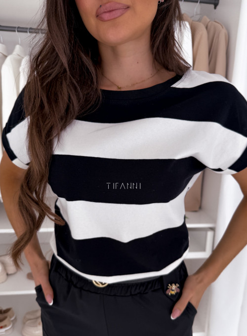 T-shirt bawełniany w biało czarne pasy Lucas 1