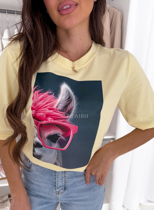T-shirt bawełniany cytrynowy Lama 1