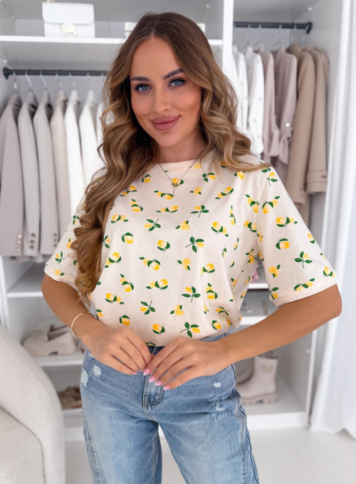 T-shirt bawełniany kremowy cytrynowy print Lemon