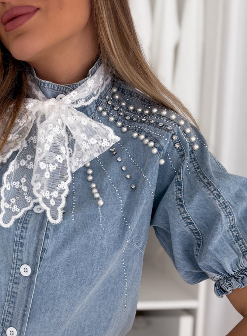 Bluzka bawełniana blue jeans z ozdobnymi perłami Isabell 2
