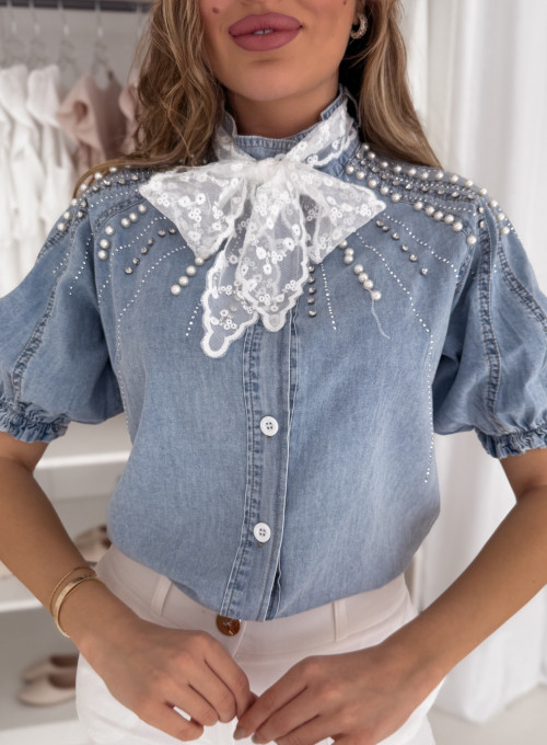 Bluzka bawełniana blue jeans z ozdobnymi perłami Isabell 1
