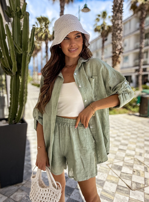 Komplet lniany koszula i szorty oliwkowy Hot sun 9