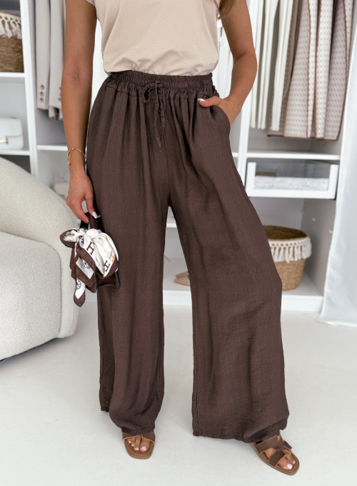Spodnie zwiewne z wiskozy wide leg brązowe Cary 5