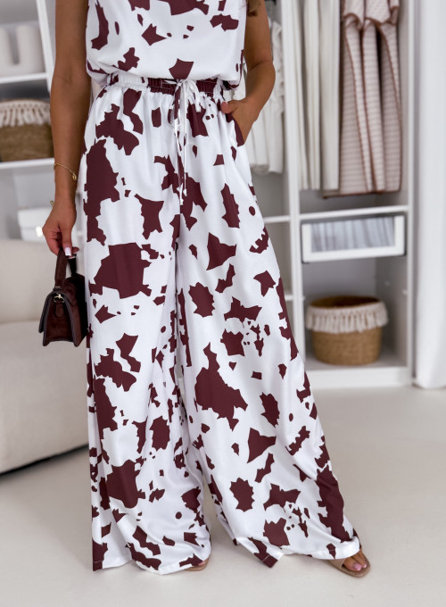 Letni komplet z wiskozą bluzka i spodnie wide leg biało-czekoladowy print Sunshine Set 4