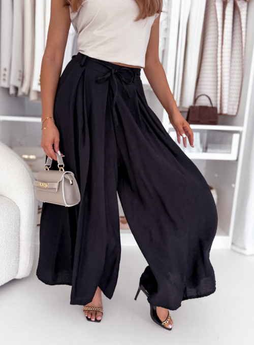 Spodnie wiskozowe wide leg z paskiem czarne lucas 2