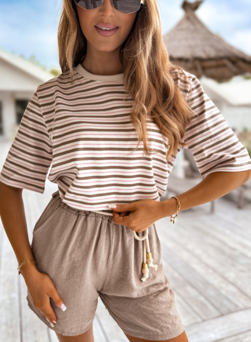 T-shirt bawełniany śmietankowy w brązowo pudrowe pasy MINIMAL 1