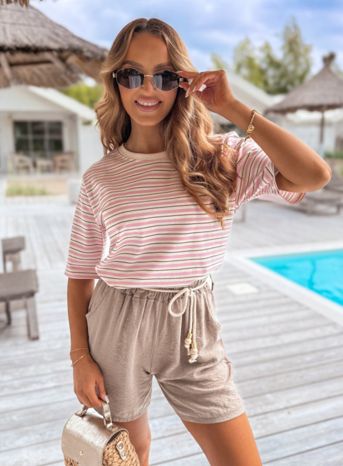 T-shirt bawełniany śmietankowy w pudrowe pasy MINIMAL 4
