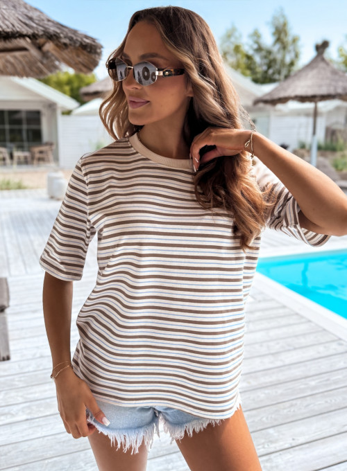 T-shirt bawełniany śmietankowy w brązowo niebieskie pasy MINIMAL 5