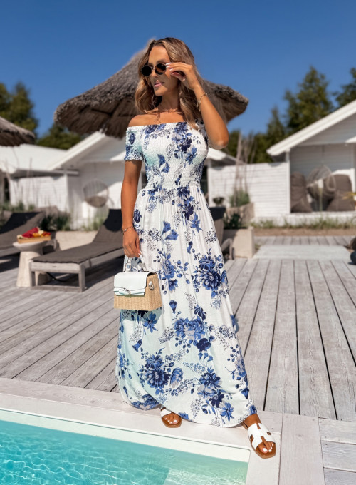 Sukienka hiszpanka bawełniana biała w błękitno szare kwiaty Summer story ll