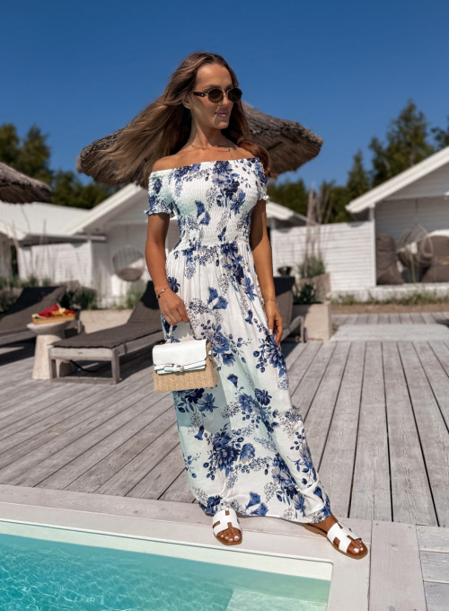 Sukienka hiszpanka bawełniana biała w błękitno szare kwiaty Summer story ll 8