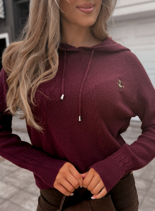 Sweter z ozdobnym misiem i kapturem bordo Leoni 1
