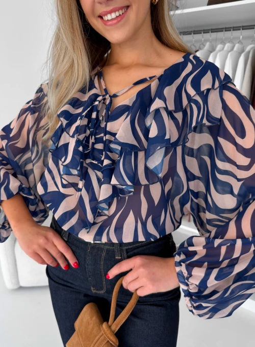 Bluzka z wiązaniem pod szyją granatowo beżowy print Isla 1
