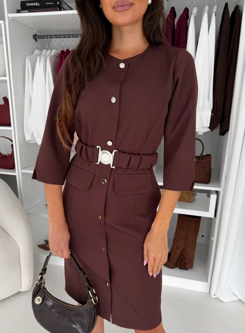 Sukienka zapinana na guziki z ozdobnym paskiem czekoladowa Odell 1