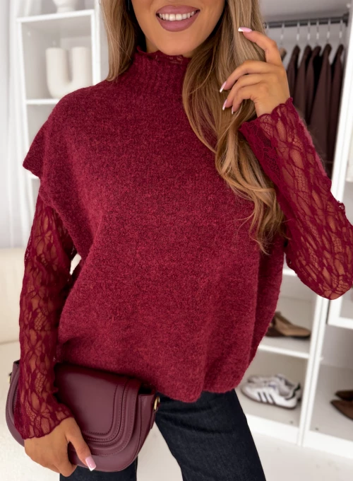 Sweter z ozdobną koronkową bluzką w odcieniu bordowym Elen 1