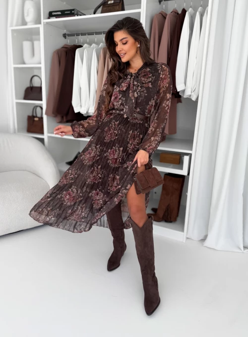 Sukienka plisowana z wiązanym dekoltem choco Flowers 2