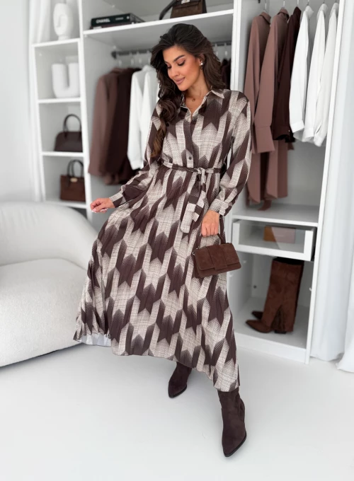 Długa sukienka plisowana beżowa w czekoladowy print Missi 2