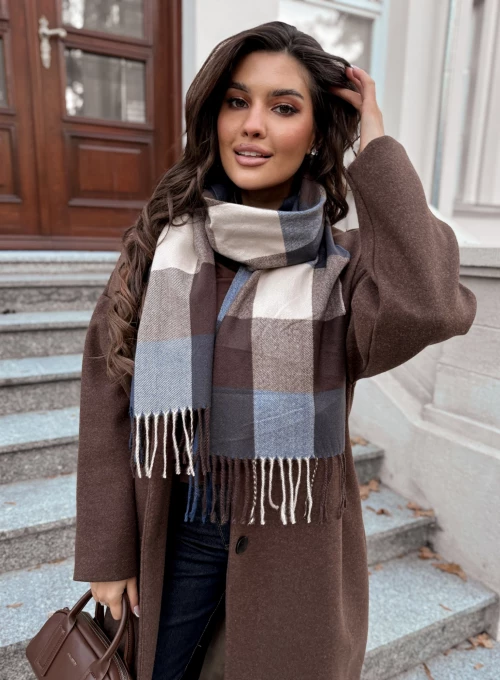 Szal Vence w niebiesko czekoladową kratę 3