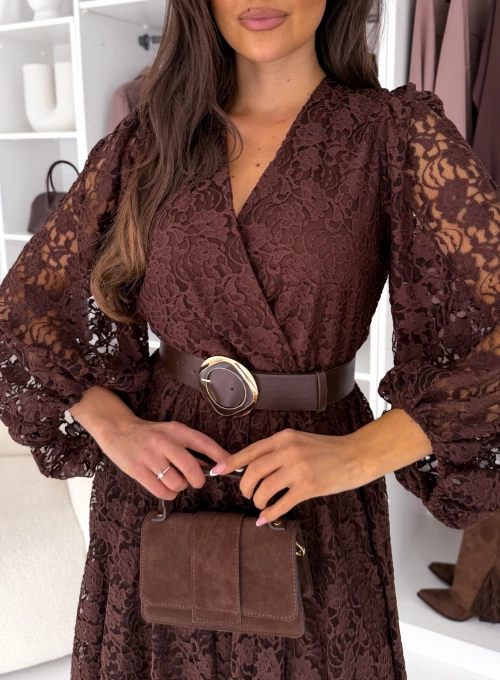 Sukienka z ozdobnym paskiem koronkowa czekolada Parvi 2