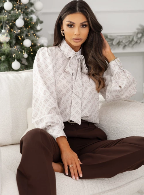 Koszula zawiązywana pod szyją Aria beż print 2