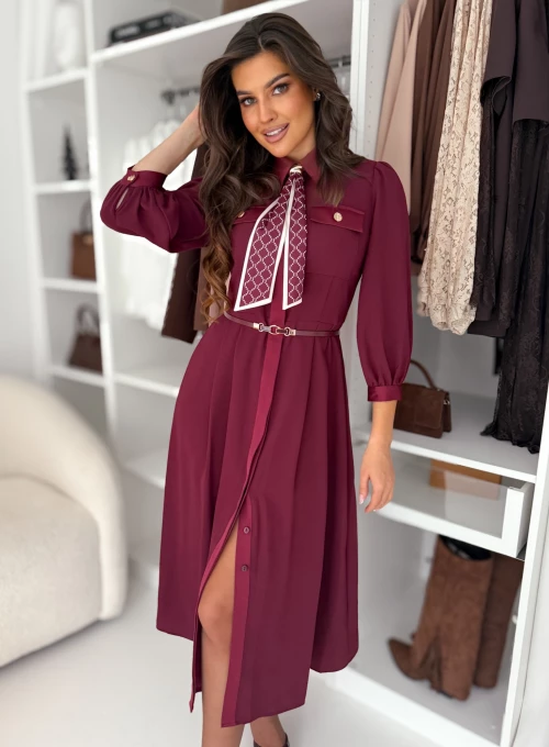 Sukienka midi z paseczkiem i ozdobną krawatką bordowa La Grazia