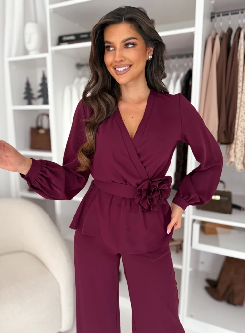 Komplet bluzka baskinka ze spodniami bordo Fiore 2