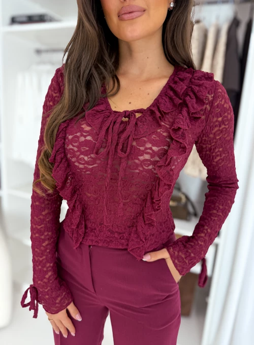 Bluzka koronkowa z ozdobnym dekoltem bordowa Dalia 1