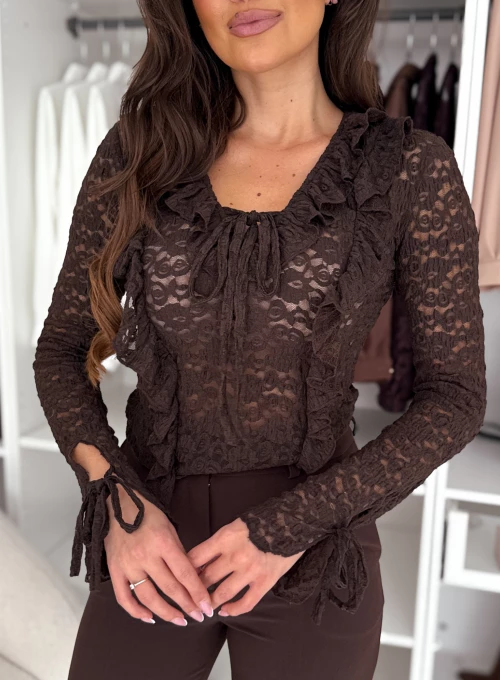 Bluzka koronkowa z ozdobnym dekoltem czekoladowa Dalia 1
