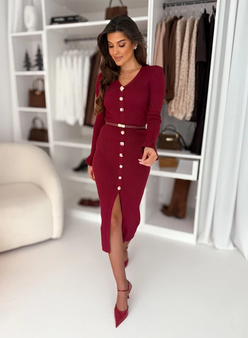 Sukienka dzianinowa z ozdobnym paskiem i guzikami bordowa Bueno 3