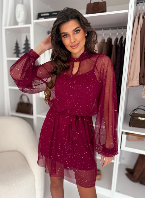 Błyszcząca sukienka z siateczki wiązana w pasie Shine bordo