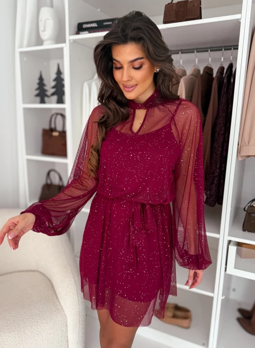 Błyszcząca sukienka z siateczki wiązana w pasie Shine bordo 3
