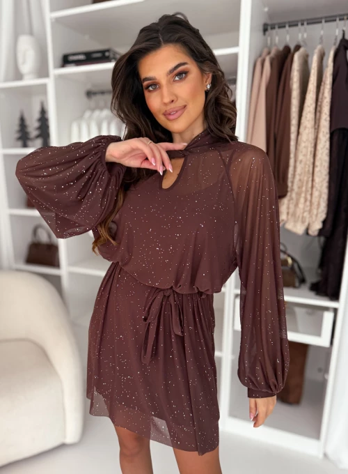 Błyszcząca sukienka z siateczki wiązana w pasie Shine czekoladowa