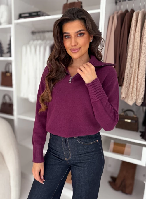 Sweter z suwakiem pod szyją burgundowy Mosse