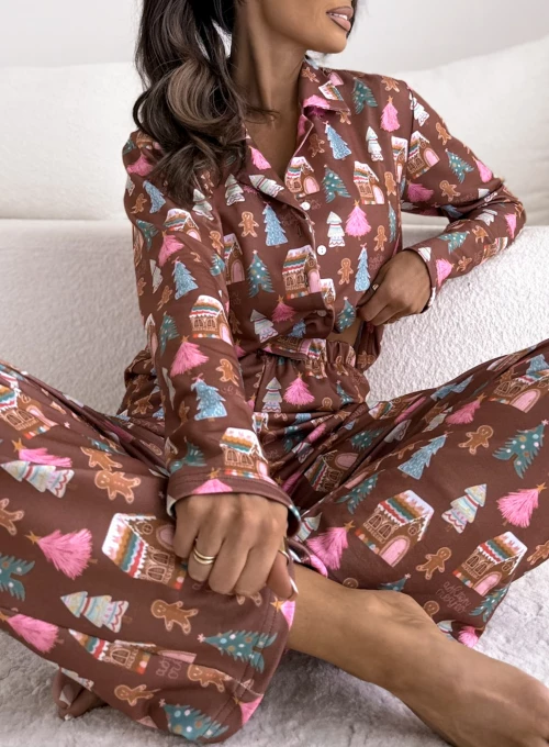 Piżama zapinana na guziki ze spodniami mleczna czekolada 1