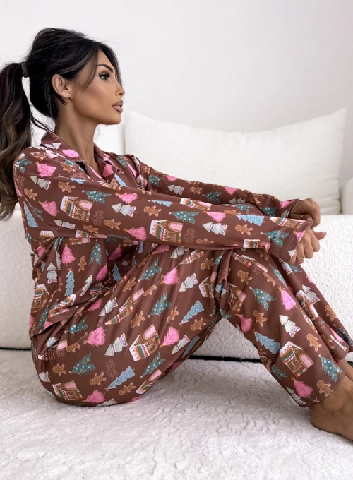 Piżama zapinana na guziki ze spodniami mleczna czekolada 2