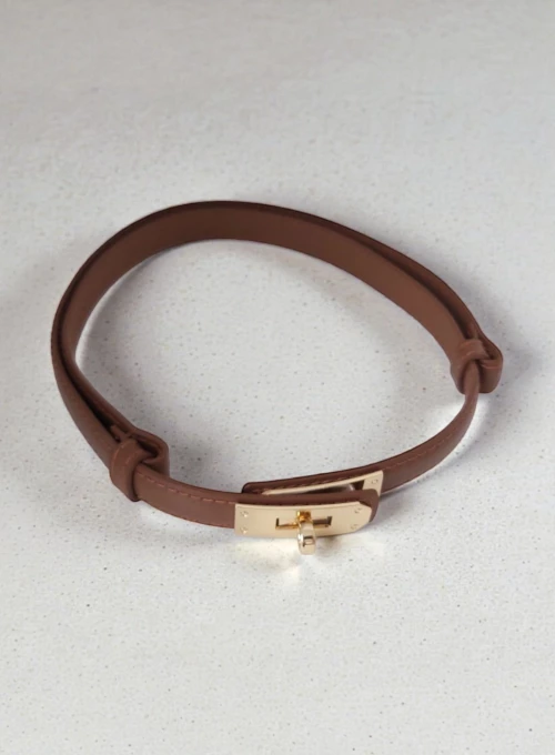 Subtelny regulowany pasek z skóry naturalnej gładki ciepły brąz 1