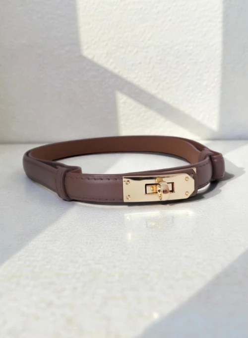 Subtelny regulowany pasek z skóry naturalnej gładki chłodny brąz 2