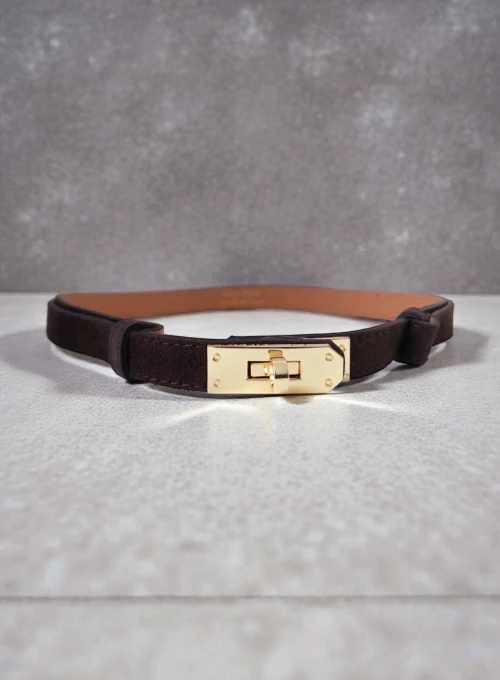 Subtelny regulowany pasek z zamszu naturalnego ciemny brąz 2