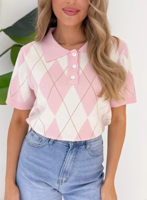 Sweter polo w romby Dreams pudrowo-śmietankowy 1