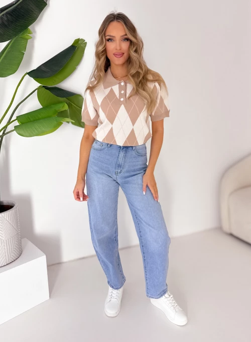 Sweter polo w romby Dreams beżowo-śmietankowy 4