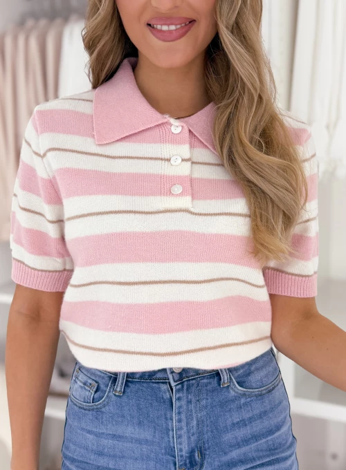 Sweter polo w paski Asle pudrowo-śmietankowy 1