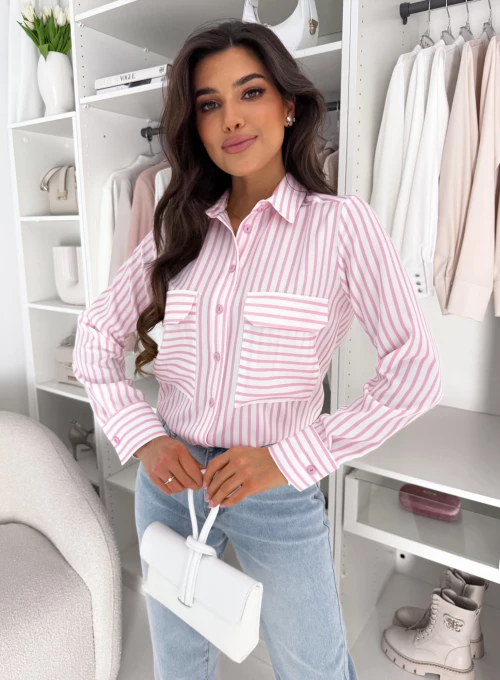 Koszula z kieszonkami Paradise w śmietankowo-pudrowe paski Edan