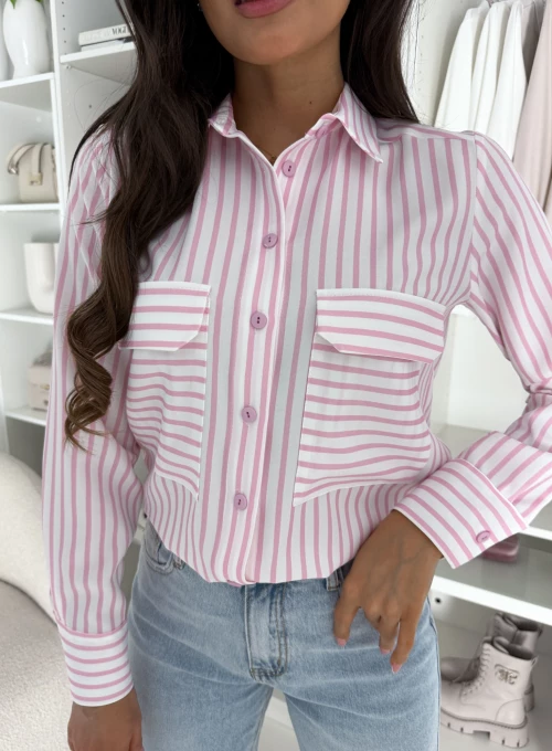 Koszula z kieszonkami Paradise w śmietankowo-pudrowe paski Edan 1