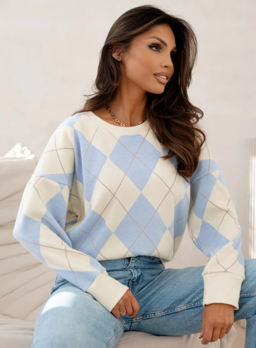 Sweter Argyle w modne romby błękitno-bananowy
