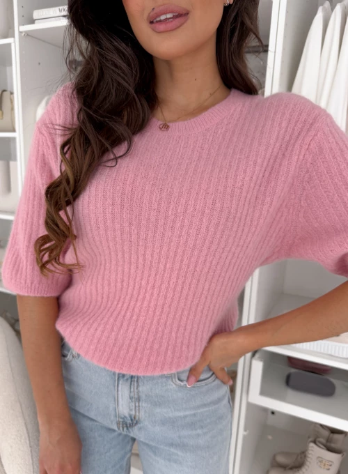 Delikatny krótki sweter Imma z prążkowym splotem z dodatkiem baby alpaka pudrowy 5