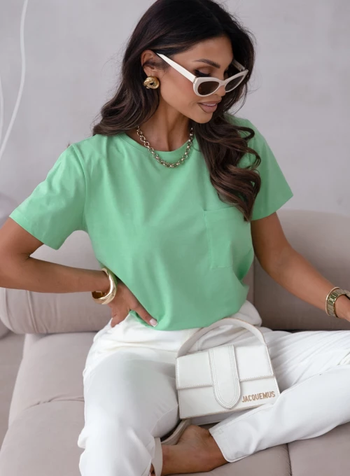 Klasyczny T-shirt bawełniany z kieszonką pistacjowy Salem