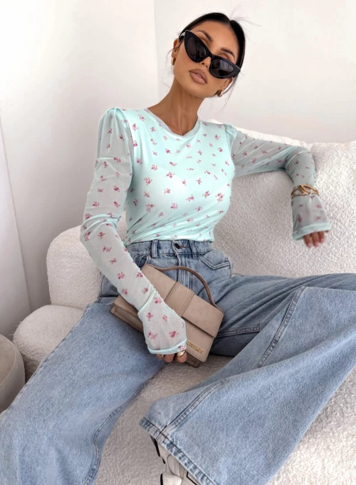 Dopasowana bluzka siateczkowa z drobnym kwiatowym motywem Terra miętowa