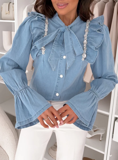 Koszula jeansowa z biżuteryjnym zdobieniem i falbankami na ramionach Denim 1
